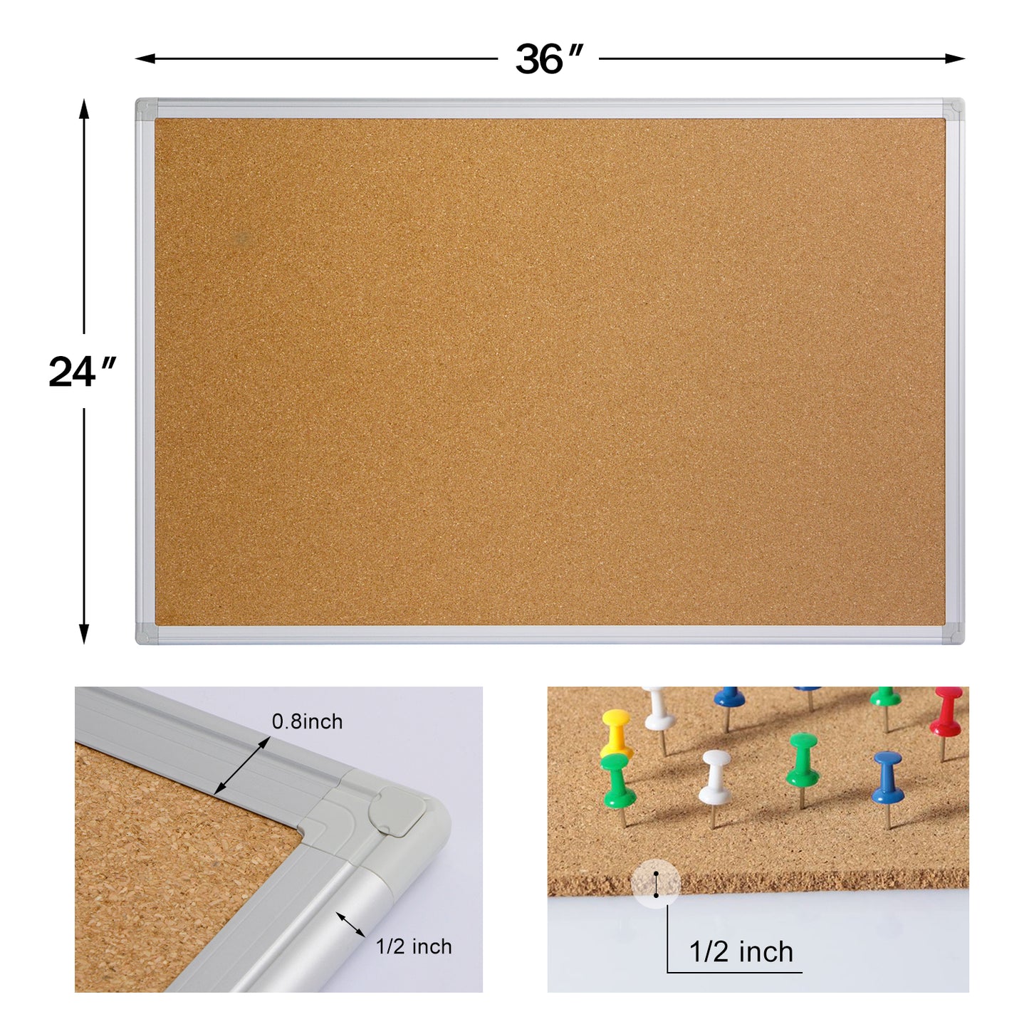 Cork Board 24x36 , Notice Cork Bulletin Board, Cork board with Aluminum Frame and Push Pins for Display