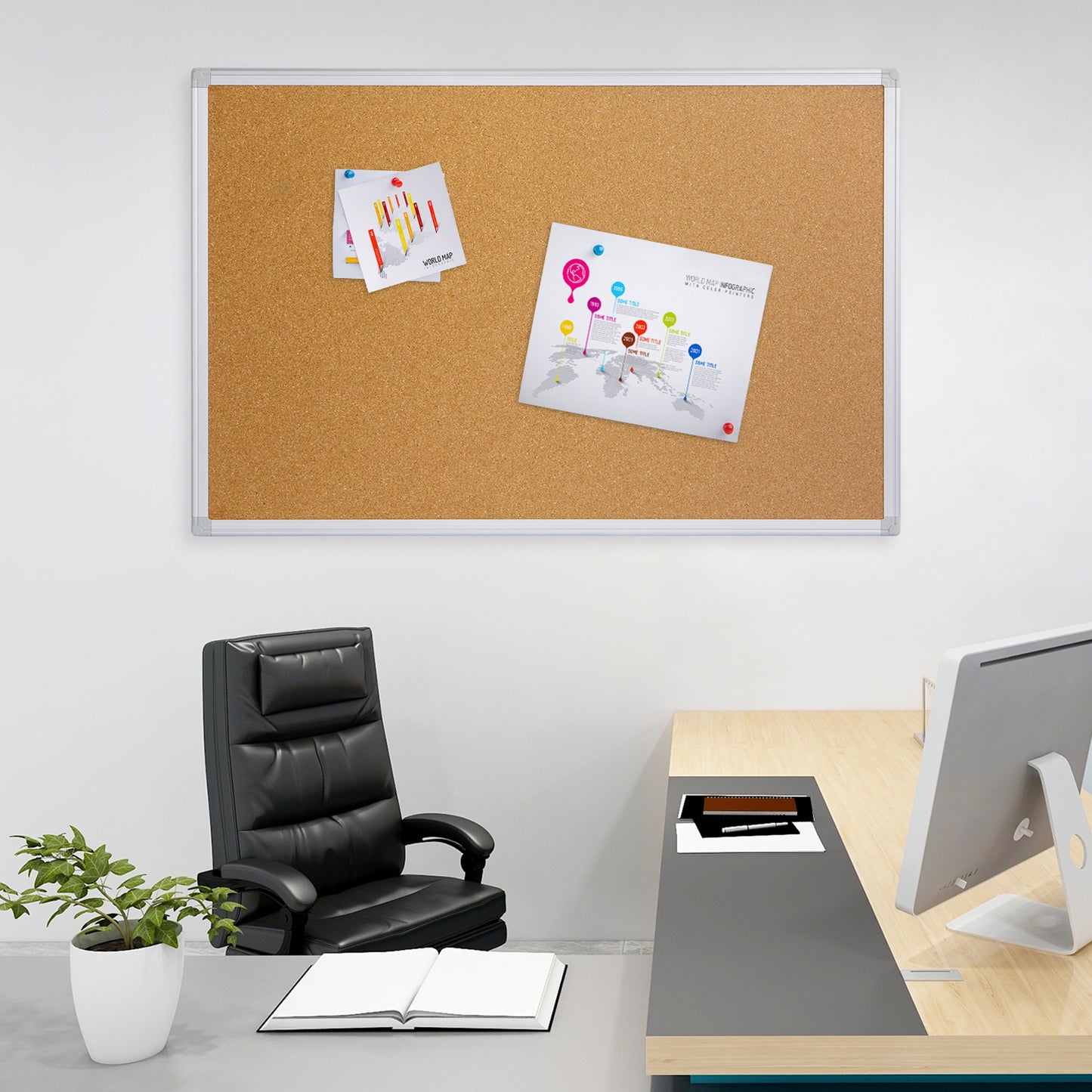 Cork Board 24x36 , Notice Cork Bulletin Board, Cork board with Aluminum Frame and Push Pins for Display