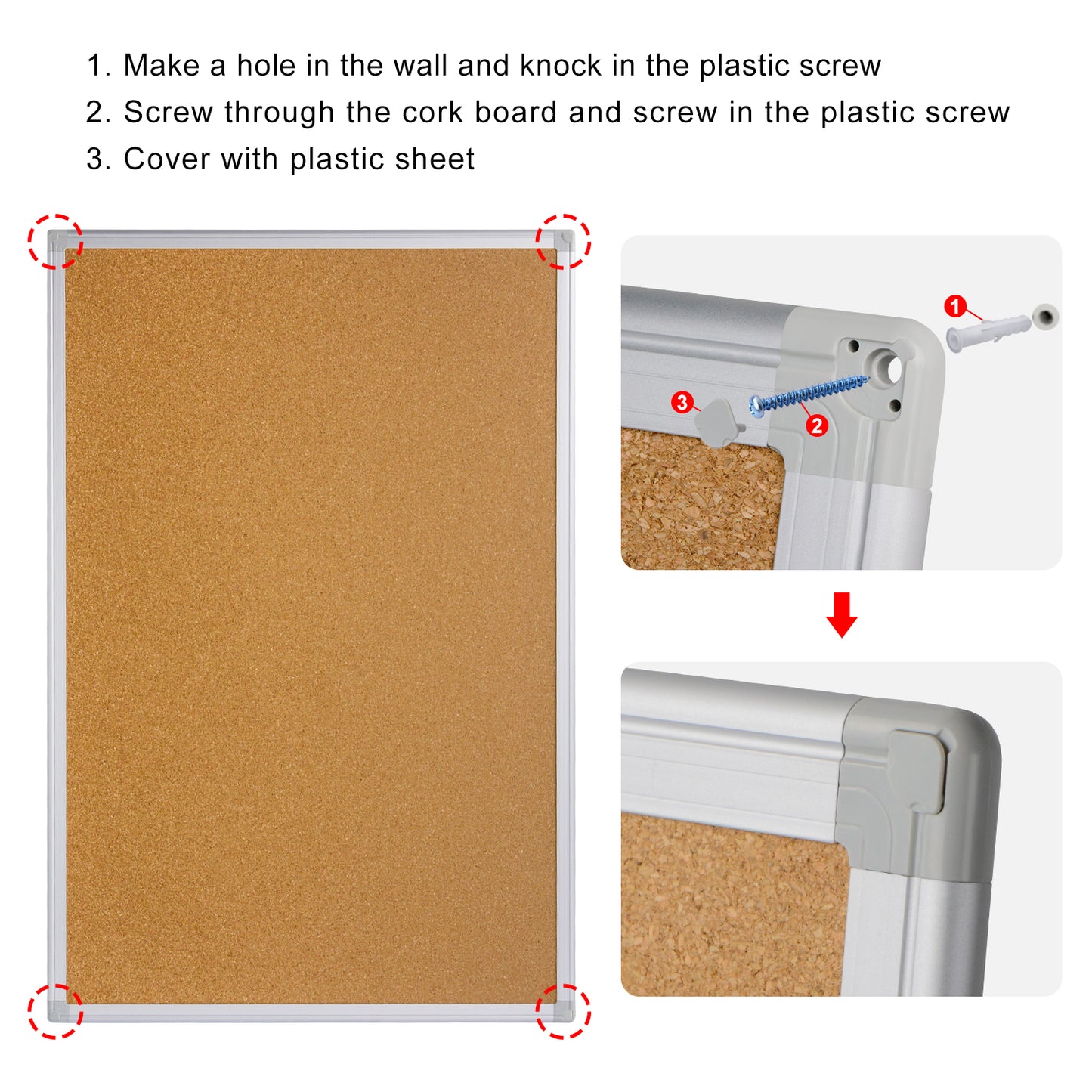 Cork Board 24x36 , Notice Cork Bulletin Board, Cork board with Aluminum Frame and Push Pins for Display