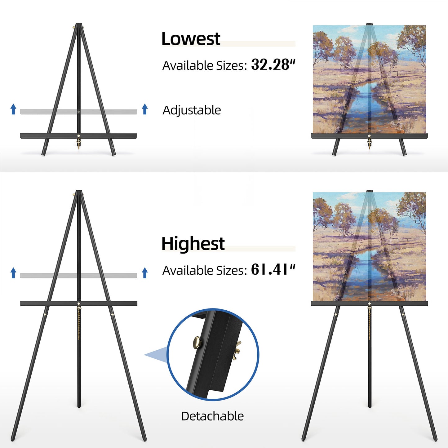 A-Frame Tripod Easel Stand, Wooden Display Easel with Adjustable Canvas Holder, Floor Easel for Wedding Signs, Posters, Paintings, Artwork, display